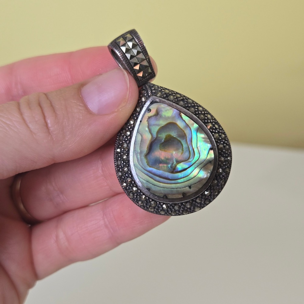 Abalone and Marcasite Teardrop Pendant Iridescent Shell Jewelry